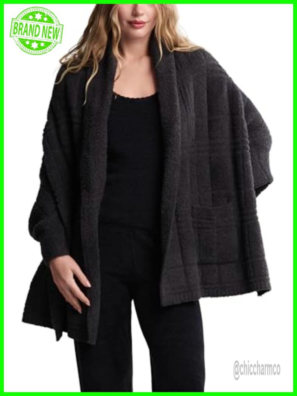 CozyChic Cotton Tonal Plaid Blanket Wrap Ribbed Cuffs Patch Pockets